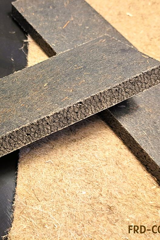 Thermoplastic Sandwich Panels | Eco-designed and recyclable thermoplastic sandwich panels combining hemp fibres and recycled polypropylene. Manufactured using ThermoPRIME® and double-belt press technologies, they integrate non-woven reinforcements without adhesive films between core and skins, enabling easier recycling. Designed for circularity, they can be reprocessed via the Thermosaïc® line into thin panels and later ground for injection moulding in building interior applications. CETIM & FRD-CODEM.


